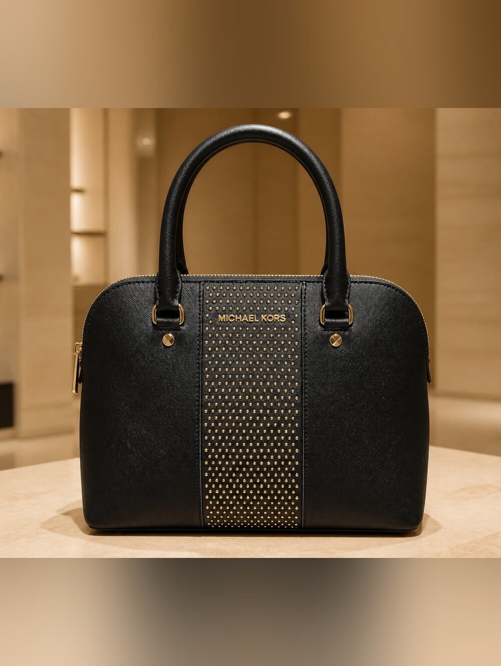 Michael Kors Cindy Medium Studded Saffiano Leather Dome Satchel